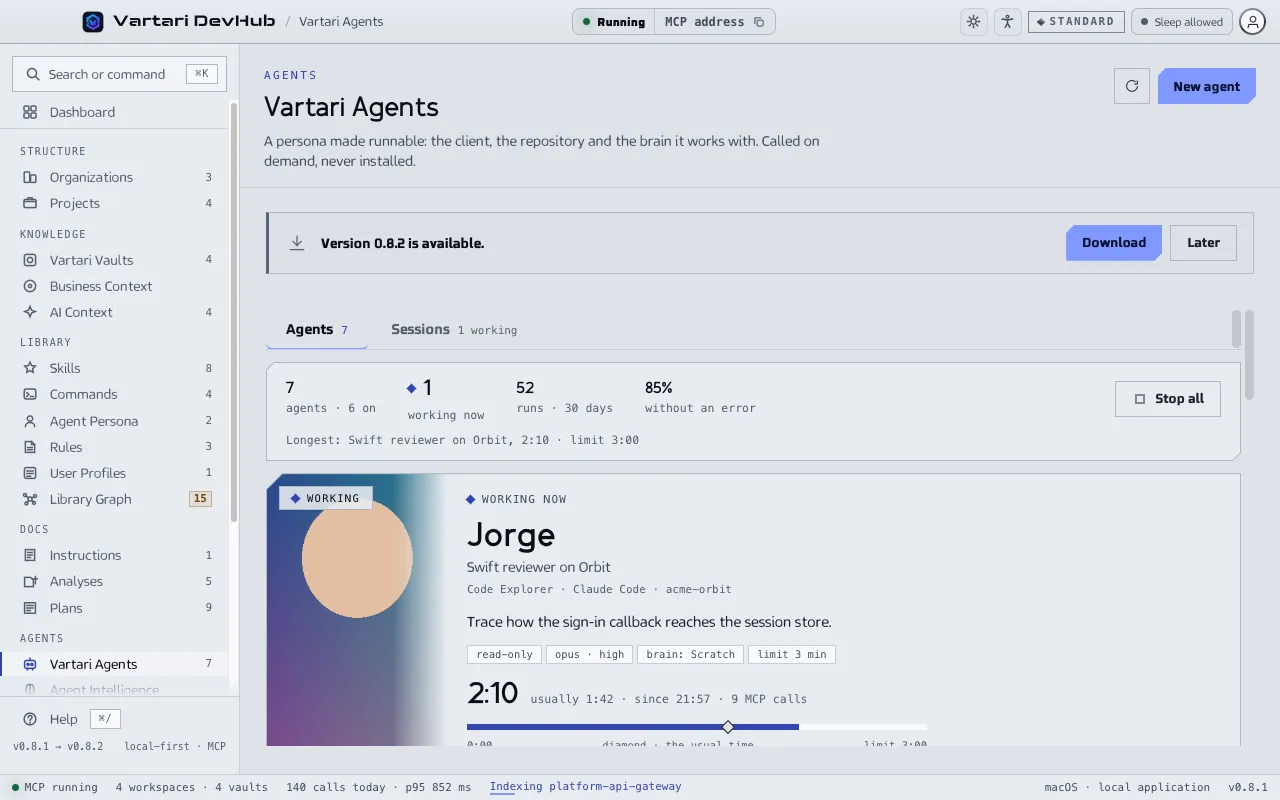 The Vartari Agents screen with a team of agents as cards, each with its state, how many runs it had, its success rate and the button Run. The sample data shown is made up.