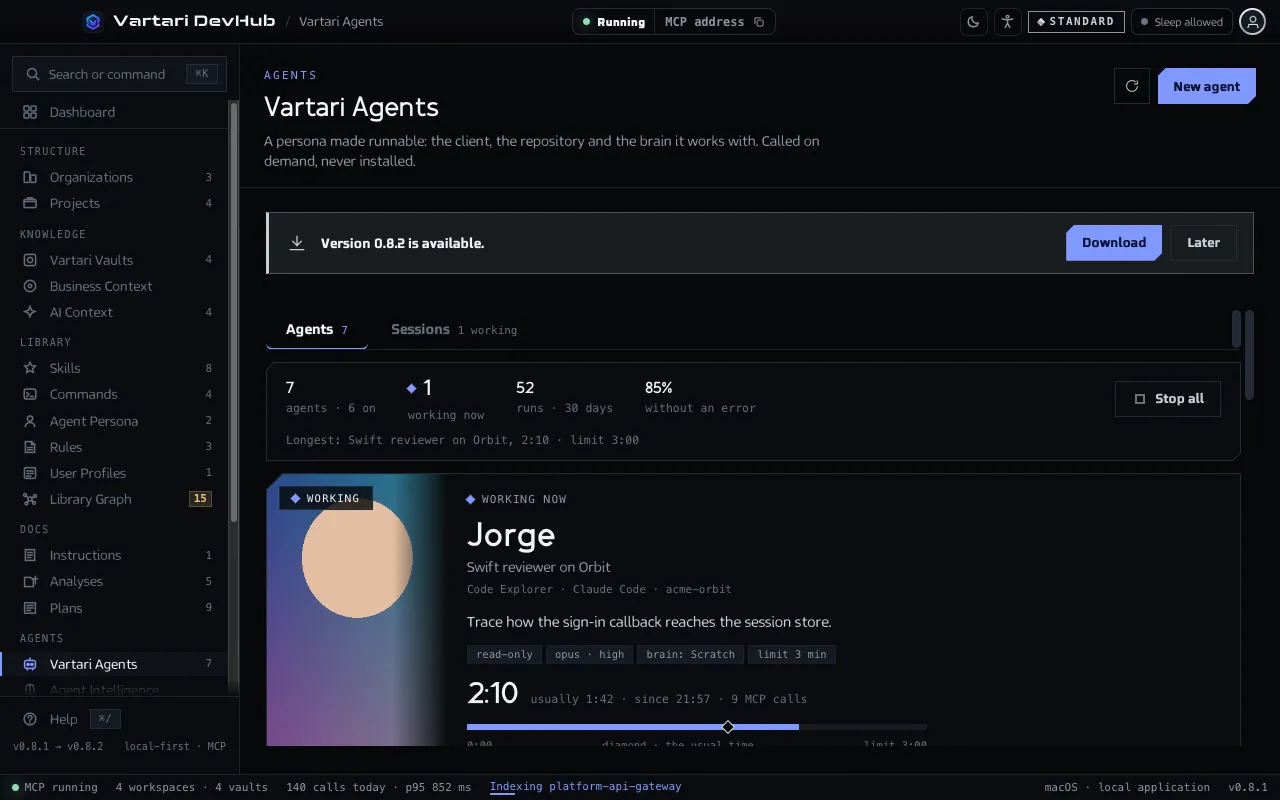 The Vartari Agents screen with a team of agents as cards, each with its state, how many runs it had, its success rate and the button Run. The sample data shown is made up.