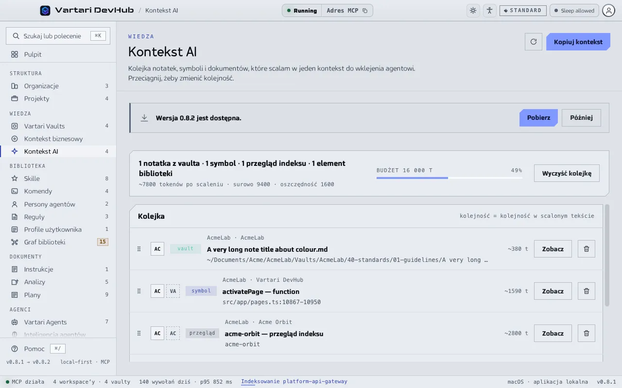 Ekran Kontekst AI z kolejką elementów, każdy z rodzajem, właścicielem i rozmiarem w tokenach, wskaźnikiem budżetu, podglądem scalonego tekstu i przyciskiem Kopiuj kontekst. Pokazane dane przykładowe są zmyślone.