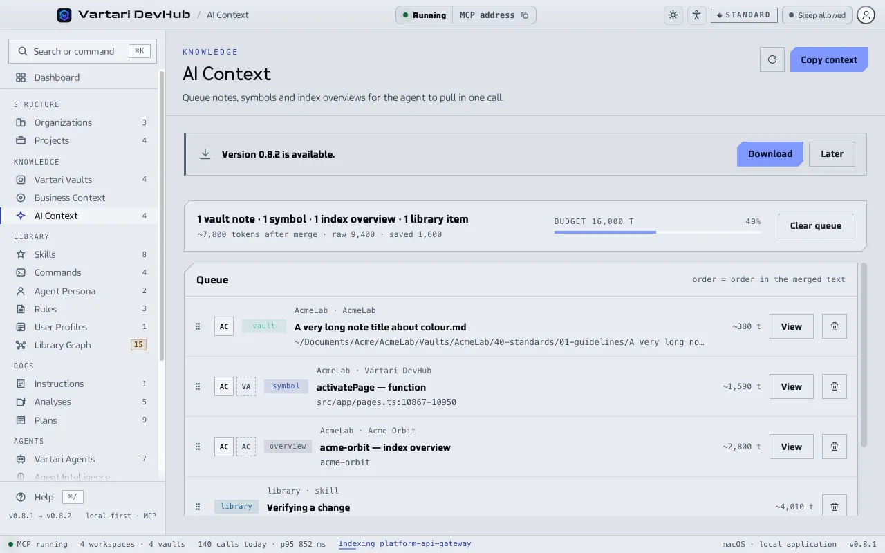 The AI Context screen with a queue of items, each with its kind, owner and size in tokens, a budget indicator, a preview of the merged text and the Copy context button. The sample data shown is made up.