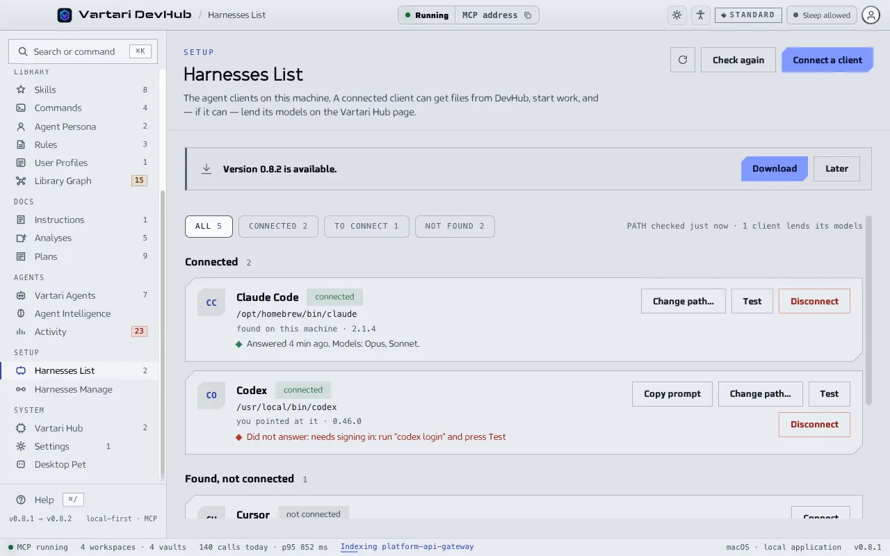 The Harnesses List screen with the buttons Check again and Connect a client, and the connected clients Claude Code and Codex with the buttons Change path, Test and Disconnect. The sample data shown is made up.