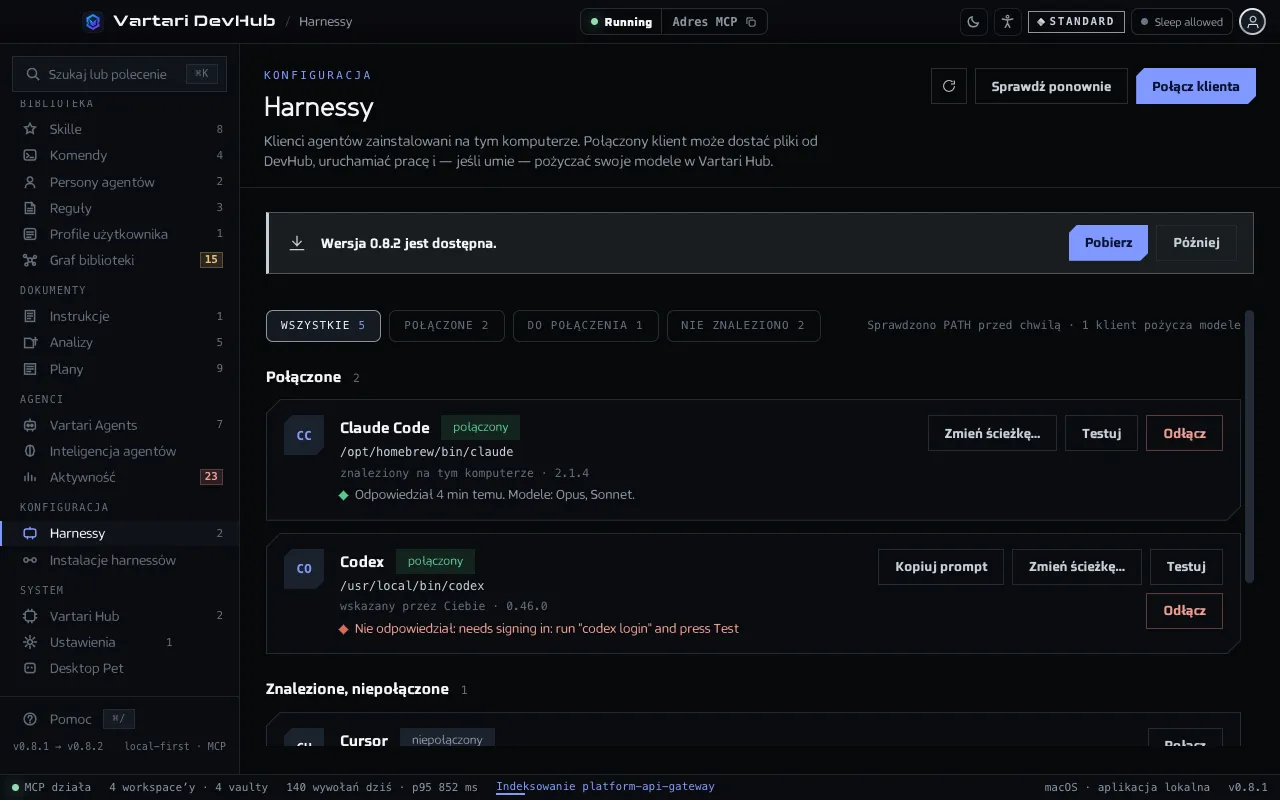 Ekran Harnessy z przyciskami Sprawdź ponownie i Połącz klienta oraz połączonymi klientami Claude Code i Codex z przyciskami Zmień ścieżkę, Testuj i Odłącz. Pokazane dane są przykładowe.