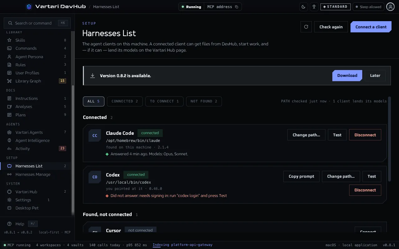 The Harnesses List screen with the buttons Check again and Connect a client, and the connected clients Claude Code and Codex with the buttons Change path, Test and Disconnect. The sample data shown is made up.