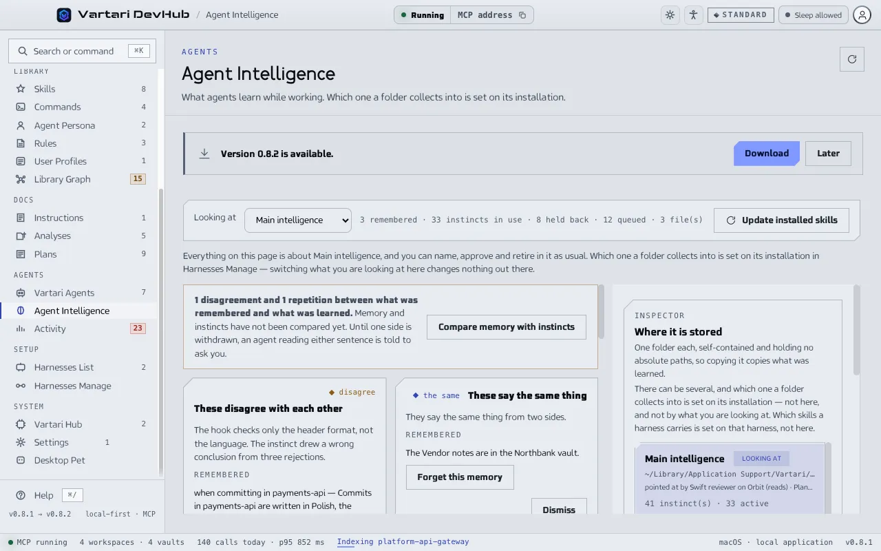 The Agent Intelligence screen with the tabs Memory and Instincts, the section Waiting on you, the queue of captured failures and the button Update installed skills. The sample data shown is made up.
