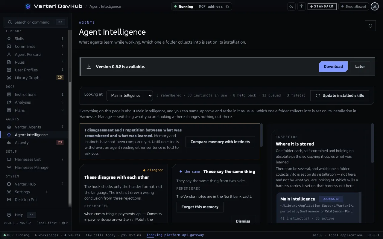 The Agent Intelligence screen with the tabs Memory and Instincts, the section Waiting on you, the queue of captured failures and the button Update installed skills. The sample data shown is made up.