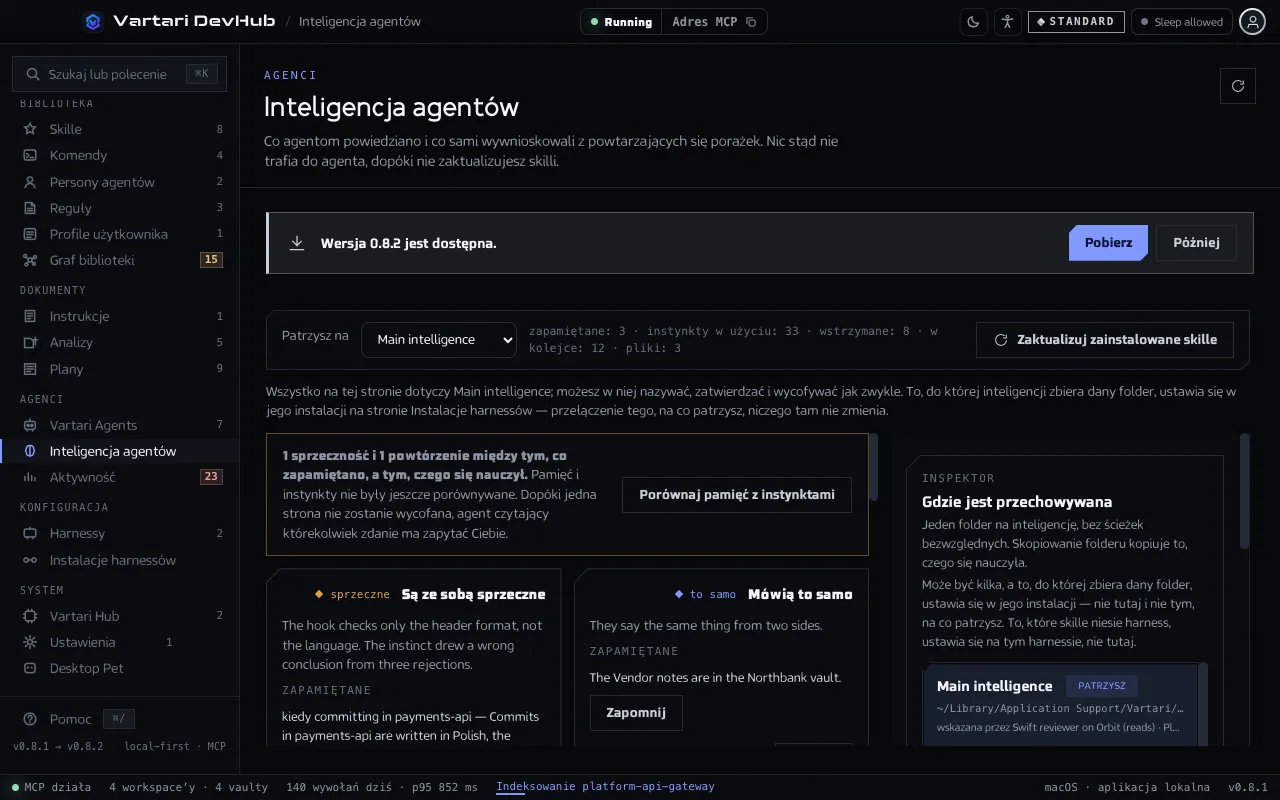 Ekran Inteligencja agentów z zakładkami Pamięć i Instynkty, sekcją Czeka na Ciebie, kolejką zebranych porażek i przyciskiem Zaktualizuj zainstalowane skille. Pokazane dane przykładowe są zmyślone.