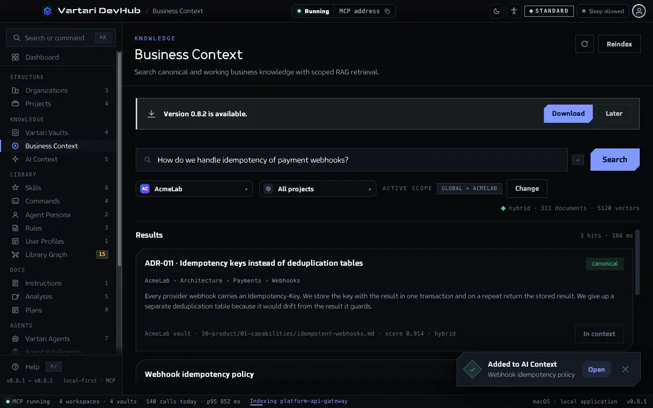 The Business Context screen with a question in the search box, the scope set to one organization and a list of results with the vault, path and score of each note. The sample data shown is made up.