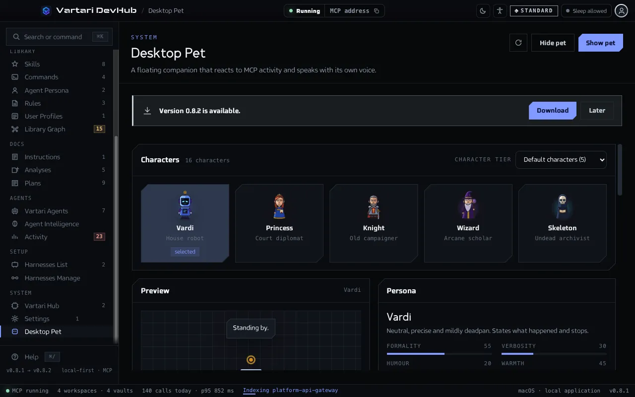The Desktop Pet screen with a gallery of characters, a preview with a speech bubble and the persona with its voice values. The sample data shown is made up.