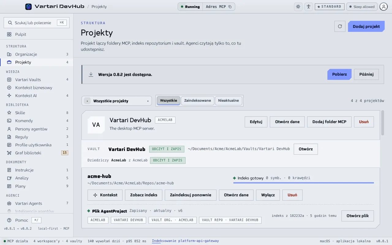 Ekran Projekty z kartami projektów: organizacja, vault repozytorium, odziedziczony vault organizacji oraz foldery MCP ze stanem ich indeksu. Pokazane dane przykładowe są zmyślone.