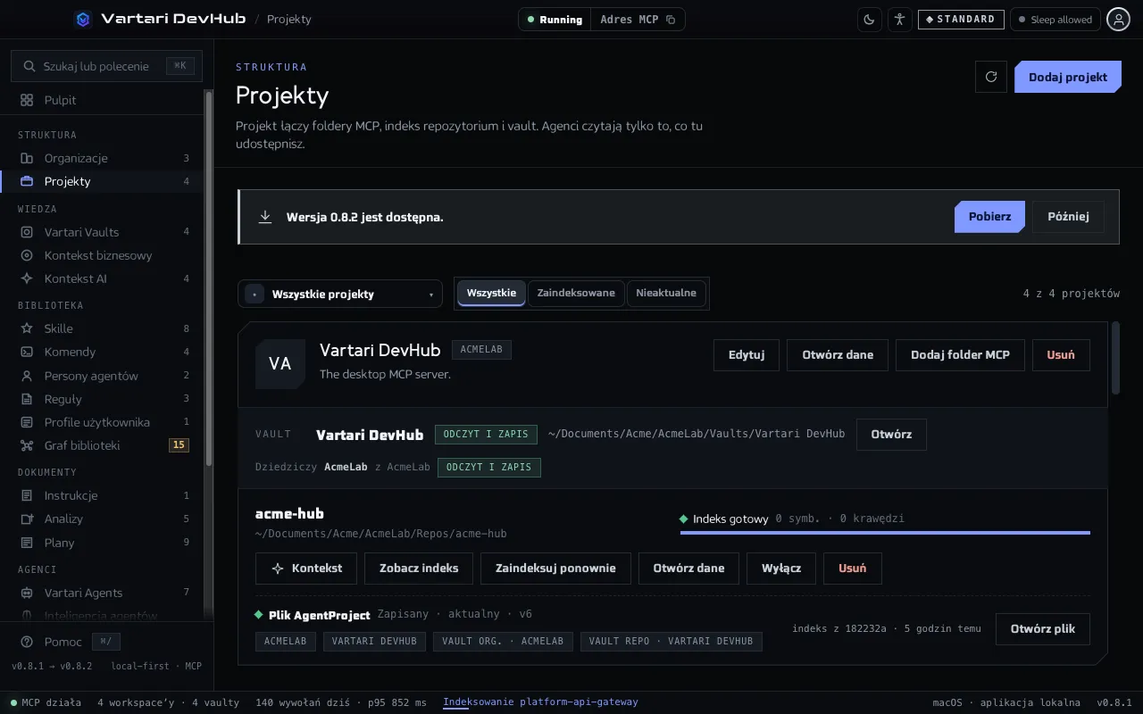 Ekran Projekty z kartami projektów: organizacja, vault repozytorium, odziedziczony vault organizacji oraz foldery MCP ze stanem ich indeksu. Pokazane dane przykładowe są zmyślone.