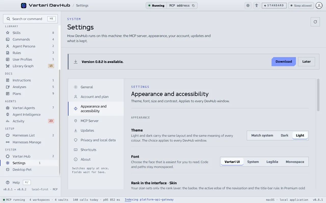 The Appearance and accessibility section of Settings with the skins for the three plans by night and by day. The sample data shown is made up.