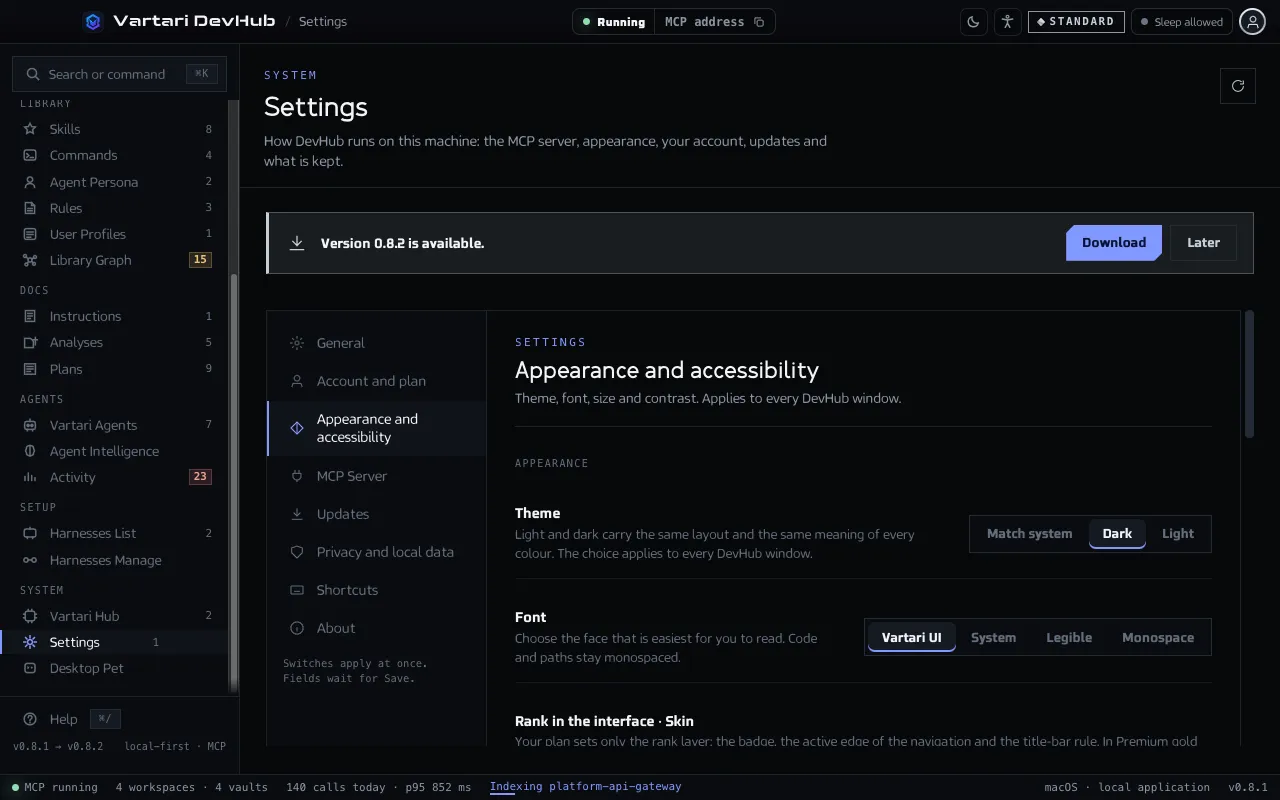 The Appearance and accessibility section of Settings with the skins for the three plans by night and by day. The sample data shown is made up.