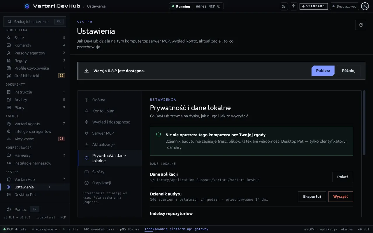 Ekran Ustawienia, sekcja Prywatność i dane lokalne, z danymi lokalnymi, dziennikiem audytu i przyciskami Eksportuj i Wyczyść. Pokazane dane przykładowe są zmyślone.
