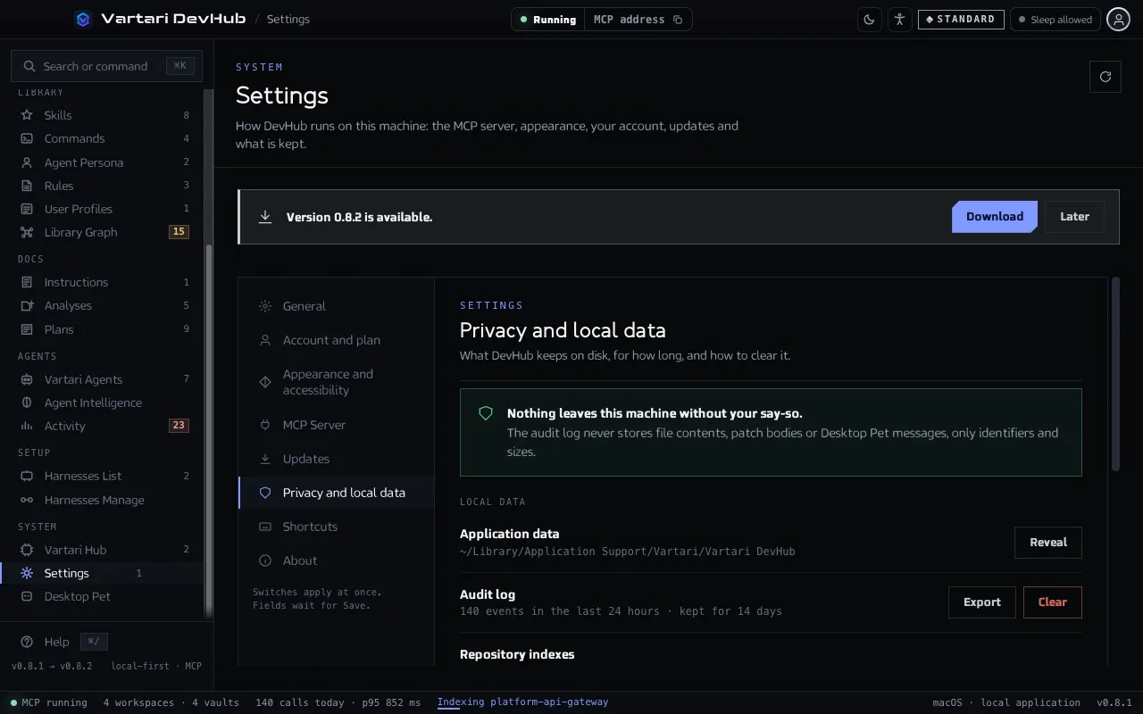 The Settings screen, section Privacy and local data, with the local data, the audit log and its Export and Clear buttons. The sample data shown is made up.