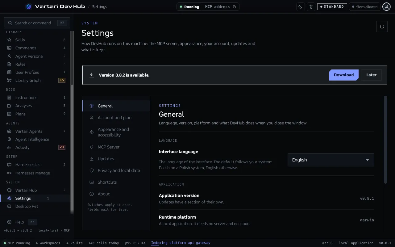 The Settings screen with the list of sections on the left and the General section open, showing the language, the version and what happens when the window closes. The sample data shown is made up.