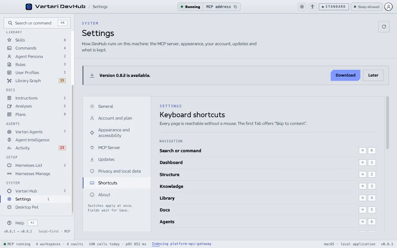 The Shortcuts section of Settings with the groups Navigation, Window and Command palette and the keys of each action. The sample data shown is made up.