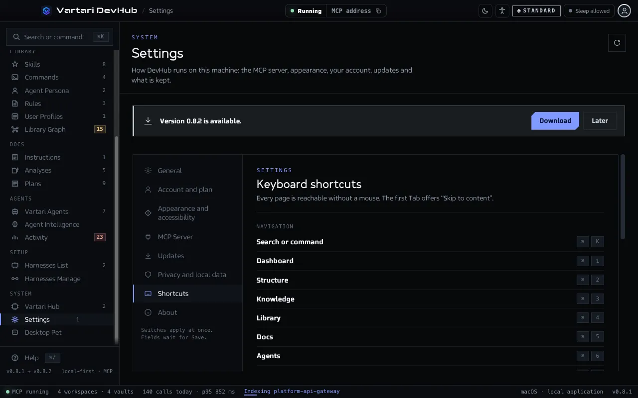 The Shortcuts section of Settings with the groups Navigation, Window and Command palette and the keys of each action. The sample data shown is made up.