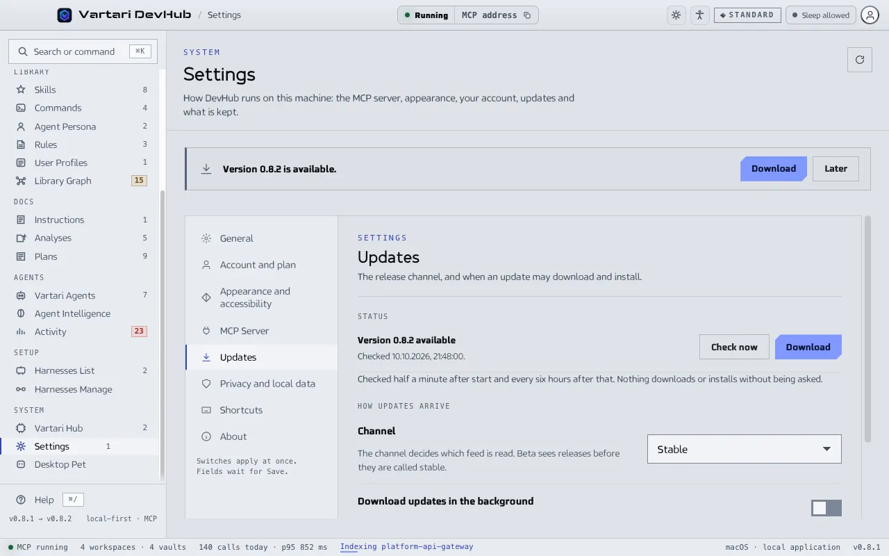 The Updates section of Settings with the update status, the Check now button, the release channel and two switches for downloading in the background and installing on quit. The sample data shown is made up.