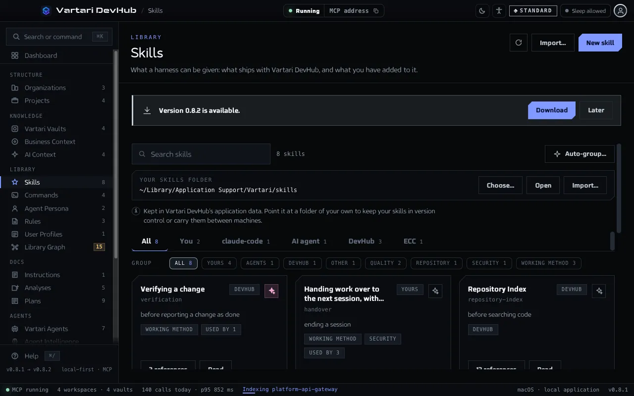 The Skills screen with a list of skills, each marked with its source and the personas and profiles that name it. The sample data shown is made up.