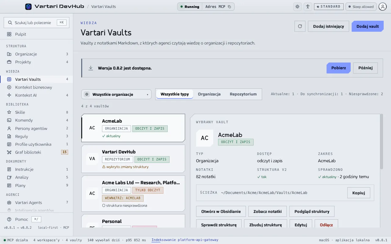 Ekran Vartari Vaults z listą vaultów, filtrem typu i szczegółami wybranego vaulta: dostęp, zakres, notatki, struktura i ścieżka. Pokazane dane przykładowe są zmyślone.