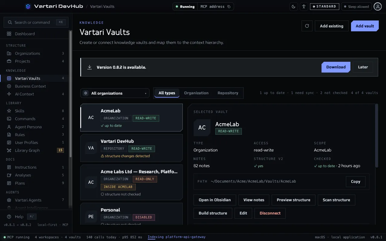 The Vartari Vaults screen with a list of vaults, a filter by type and the details of the selected vault: access, scope, notes, structure and path. The sample data shown is made up.