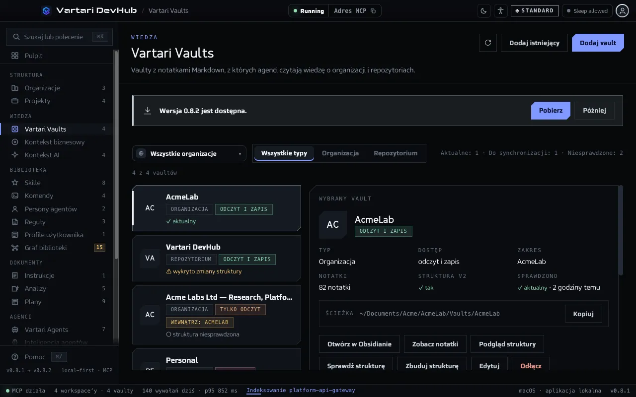 Ekran Vartari Vaults z listą vaultów, filtrem typu i szczegółami wybranego vaulta: dostęp, zakres, notatki, struktura i ścieżka. Pokazane dane przykładowe są zmyślone.